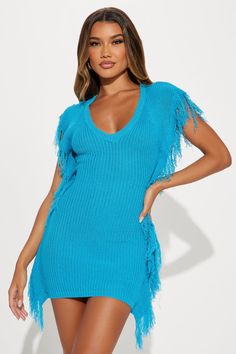 Available In Black And Blue. Knit Mini Dress V-Neckline Short Sleeves Fringe Detail Back Distressed Cut Out Stretch Length= 33" Disclaimer: Due To The Distressing Process, Each Garment Is Unique 100% Acrylic Imported | Fay Fringe Knit Mini Dress in Blue size XS by Fashion Nova Blue Knit Dress For Beach, Blue V-neck Mini Dress, Blue Knit Party Dress, Knit V-neck Mini Dress For Vacation, Fitted Blue Mini Dress With Fringe, Blue Knit Mini Dress, Knit V-neck Mini Dress For The Beach, Blue Sleeveless Fringe Dress, Light Blue Stretch Mini Dress With V-neck