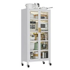 a tall white cabinet with glass doors and shelves filled with various kitchen items on wheels