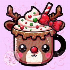 a cup with some kind of drink in it on top of a pink background and an image of a reindeer's head sticking out of the mug