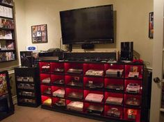 two pictures of a living room with various items on the shelves and a television in the corner