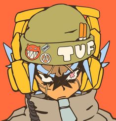 an anime character wearing a helmet with many stickers on it's face and neck