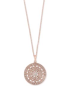 Heirloom-worthy sparkle. This stunning pendant necklace from Effy boasts an openwork disc design bedecked with round-cut diamonds (1/4 ct. t.w.). Crafted in 14k white, yellow, or rose gold. Approximate length: 18 inches. Approximate drop: 9/10 inch. Rose Gold Pendant Jewelry With Pave Setting, Rose Gold Pave Setting Round Necklace, Rose Gold Round Necklace With Pave Setting, Round Diamond Necklace With Intricate Design, Dazzling Rose Gold Round Necklace, Dazzling Rose Gold Round Necklaces, Rose Gold Necklace With Pave Setting Round Pendant, Fine Jewelry In Rose Gold With Intricate Design, Rose Gold Fine Jewelry With Intricate Design