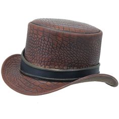 Brown dragon tophat with eye hatband and crocodile / dragon embossed leather crown. This eyeball steampunk tophat has a universal fitting inside hatband for a more comfortable fit. A brown tophat with eye that is one hat to watch (unless it's watching you), and is made of 4-5 oz. top grain cowhide leather. Sizes: S, M, L. [5#] right side crocodile / dragon eye crocodile embossed leather crown and bill perforated crown for added breathability golden trim on eye filled hatband 5 inch tall crown tassel on back universal stretch headband inside top grain leather heavy 4-5 oz. cowhide leather IMPORTANT SPECIFICATIONS: MANUFACTURER: This quality product is a Jamin Leather® brand or other reputable brand that matches or exceeds our quality standards, for the price.LEATHER: Cowhide is a standard p Steampunk Brown Brimmed Hats, Brown Steampunk Brimmed Hats, Steampunk Style Brown Brimmed Hat, Steampunk Brown Adjustable Hat, Brown Adjustable Top Hat For Halloween, Adjustable Brown Top Hat For Halloween, Vintage Brown Hat For Halloween, Steampunk Brown Hat For Halloween, Steampunk Leather Hat With Adjustable Fit