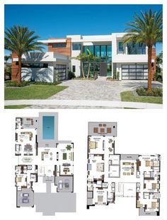 two story house plans with multiple levels and lots of windows, palm trees and landscaping