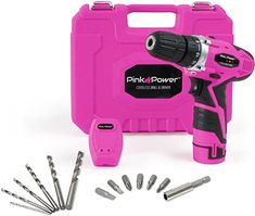 pink tool box with tools and screws in it