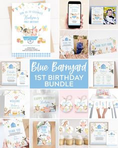 the blue barnyard 1st birthday bundle includes cards, envelopes, and other items