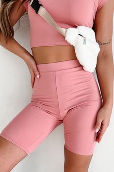 Hustle For The Muscle High Waist Biker Shorts (Rose) - NanaMacs Pink Gym Shorts For Spring, Spring Pink Shorts For Gym, Pink High Waist Athletic Shorts With Built-in Shorts, High Waist Pink Stretch Athletic Shorts, Pink High Waist Stretch Athletic Shorts, Trendy Pink Gym Shorts, Pink Above Knee Summer Bottoms, High Waist Pink Athletic Shorts, Pink High Waist Athleisure Athletic Shorts