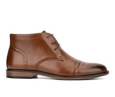 The Kevin Chukka boot is an elegant and timeless choice for the colder months. Featuring a cap toe, brogue detail and lace-up closure, this style can be easily dressed up or down to go with a variety of outfits. Faux Leather upper, Lace up closure for secure fit,1.5\ stacked heel, Round Cap toe, Nylon Mesh footbed, Rubber outsole | Men's New York and Company Kevin Chukka Dress Boot in Cognac Size 7.5 Outfits New York, Mens Dress Boots, Chukka Boots Men, New York And Company, Shoe Carnival, Stacked Heel, Chukka Boots, Dress With Boots, Boots Men