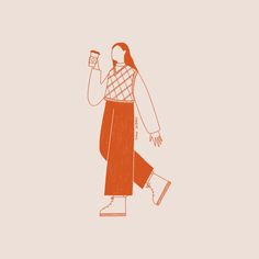 an illustration of a woman walking while holding a cell phone in one hand and looking at the other