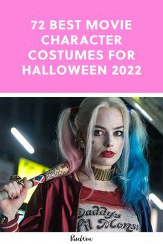 a woman with blue hair and makeup holding a bat in her hand, text reads best movie character costumes for halloween 2012