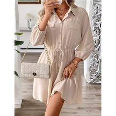 -Item Id 38042486 -Details: Drawstring, Knot -Neckline: Collar -Sleeve Type: Bishop Sleeve -Style: Casual -Type: Shirt -Waist Line: High Waist -Hem Shaped: Flared -Color: Apricot -Pattern Type: Plain -Sleeve Length: Wrist-Length Sleeve -Length: Knee Length -Fit Type: Regular Fit -Fabric: Non-Stretch -Material: Woven Fabric -Composition: 100% Polyester -Care Instructions: Machine Wash, Do Not Dry Clean -Sheer: No **Open To Offers!!!** **Bundle To Save More** **30% Off Bundles Of 2 Or More Items!! Knee Length Dresses Casual Classy, Elegant Mini Shirt Dress With Pockets, Elegant Button-up Mini Dress With Pockets, Chic Mini Shirt Dress With Pockets, Casual Collared Dress For Brunch, Casual Collared Mini Dress For Brunch, Mini Dresses With Pockets For Brunch, Elegant Beige Collared Mini Dress, Casual Beige Collared Mini Dress