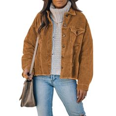 Brown Corduroy Trucker Jacket Frayed Hem Button Down Cord Coats Long Sleeve Corduroy Shackets Oversized Fit Ripped Raw Hem Trucker Cord Jackets #corduroyjacket #cordjacket #ripped #rippedhem #frayed #raw #cordcoat #corduroycoat Corduroy Trucker Jacket, Corduroy Jacket Womens, Blazer Mini Dress, Trendy Winter, Corduroy Jeans, Long Sleeves Coats, Dark Khaki, Winter Jackets Women, Trucker Jacket