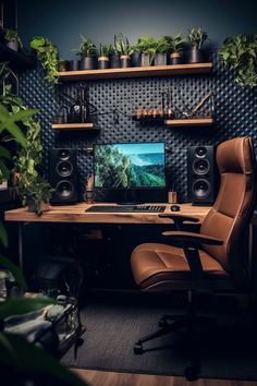 a desk with a computer on top of it in front of plants and potted plants