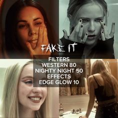 four different pictures with the words fake it and two women in black tops, one is holding