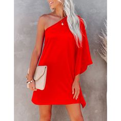 Red Sloping Shoulder One Piece Casual Dress Casual Elegant Wedding, One Shoulder Dresses, Women Dresses Casual, Summer Club, Shoulder Dresses, Travel Dress, Statement Dress, Date Night Dresses, Club Party