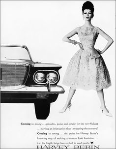 an advertisement for harvey's bern showing a woman standing next to a vintage car