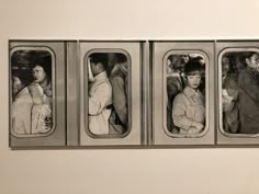 three black and white photographs of people in an airplane with the doors open, on display