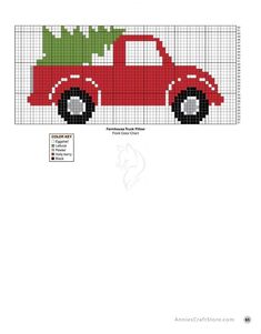 a red truck with a christmas tree on it's back is shown in the shape of a cross stitch pattern