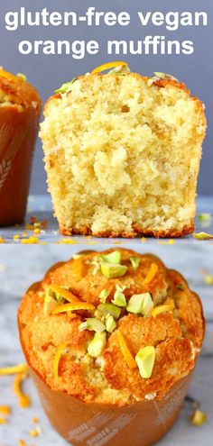 an orange muffin is cut in half and placed next to another muffin with the text gluten - free vegan orange muffins