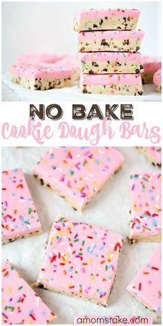 no bake cookie dough bars with sprinkles and pink frosting on top