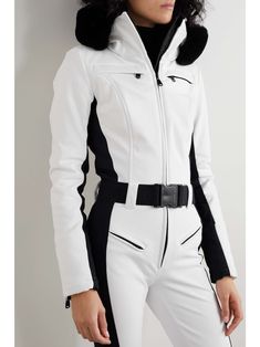 GOLDBERGH Parry belted hooded faux fur-trimmed ski suit Ski One Piece Suit, Ski Town Outfits, Town Outfits, Ski Outfit, Hooded Faux, Ski Suit, Ski Suits, Black White Gold, One Piece Suit