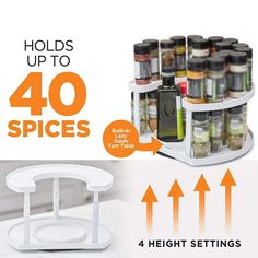 the spice rack holds up to 40 spices and 4 high settings for maximum storage space