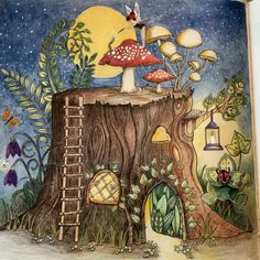 a drawing of a tree stump with mushrooms on it and a ladder leading up to the mushroom house