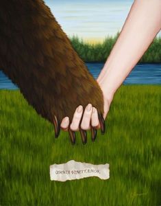 a painting of two hands reaching for a bear's paw on the grass next to a river