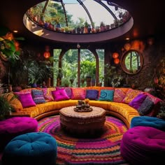 a living room filled with lots of colorful furniture