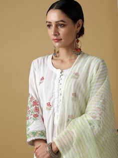 White Kumudini Shwet Kurta With Dupatta (Set of 2) - Trendroots White Straight Kurta With Floral Print, White Cotton Anarkali Set With Floral Embroidery, White Traditional Wear With Floral Print, White Floral Print Traditional Wear, Wedding Cotton Kurta With Floral Print, Floral Embroidery Cotton Anarkali Set, Spring Mulmul Dupatta In Traditional Drape, Transitional White Kurta With Printed Motifs, Spring Cotton Dupatta In Traditional Drape