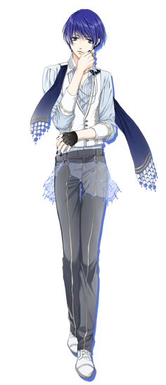 an anime character with blue hair and white shirt, standing in front of a white background