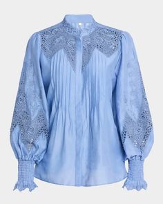 Kobi Halperin Delta Embroidered Cotton-Silk Blouse | Neiman Marcus Pintuck Blouse, Tonal Embroidery, Kobi Halperin, Lace Inset, Band Collar, Peasant Tops, Embroidered Silk, Embroidered Blouse, Embroidered Top