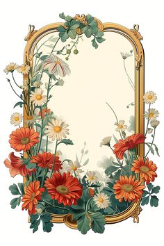 an ornate gold frame with flowers and leaves on the edges is surrounded by greenery