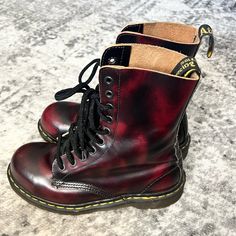 Rare Men’s 5/Women’s 6 Has Some Creasing And Light Signs Of Wear Classic Red Winter Boots, Casual Red Boots With Leather Sole, Red Boots For Fall Streetwear, Burgundy Lace-up Boots With Red Sole, Fitted Burgundy Casual Boots, Dr Martens Boots, Shoes Vintage, Dr Martens Shoes, Martens Shoes