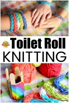 two pictures with the words toilet roll knitting in front of yarn and crochet