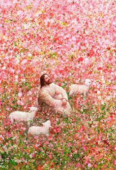 a painting with the words, i am the good shepherd and two lambs in a field