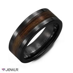 men's wedding band with black ceramic and wood inlay