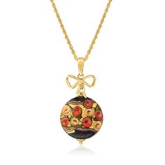 Ross-Simons - Italian Multicolored Murano Glass Floral Pendant Necklace Over. From Italy, this artful pendant necklace features a Murano glass bead with a lovely floral design in shades of red, green, yellow, black and glittery gold foil. Set in polished 18kt yellow gold over sterling silver and topped with a ribbon. Suspends from a Singapore chain that adjusts from 24" to choker length. Murano glass beads are unique and may vary. Lobster clasp, Murano glass floral pendant necklace. Murano Glass Necklaces, Floral Pendant Necklace, Detailed Necklace, Gifts For Your Sister, Murano Glass Beads, Floral Pendant, Red Green Yellow, Fine Jewels, Earring Sale