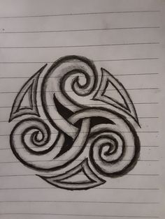 a drawing on lined paper with spirals in the shape of an oar and waves