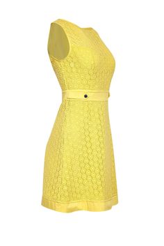 Look lovely in lace with this cheerful fit & flare dress from Karen Millen! Boasting intricate eyelet lace and a sunny bright yellow hue, this dress is a darling addition to your spring wardrobe. Size 6 Main 100% Cotton Contrast 96% Cotton, 4% Elastane Lining 95% Polyester, 5% Elastane Exposed back zipper Silver-tone hardware Boat neck Fit & flare silhouette Sleeveless Bust 31" Waist 27" Shoulder to hem 34.5" Yellow Fitted Dress With Lace Trim, Fitted Lace Dresses With Eyelet Details, Yellow Lace Dress For Spring, Yellow Fitted Lace Dress, Fitted Yellow Lace Dress, Elegant Yellow Lace Dress For Spring, Elegant Fitted Yellow Lace Dress, Chic Yellow Lace Dress, Clothing Retail