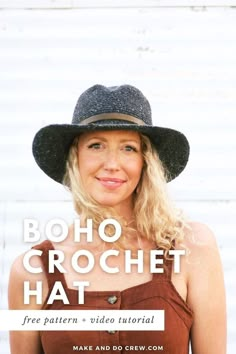 a woman wearing a hat with the words boho crochet hat on it