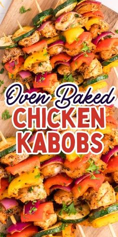 chicken kabobs on skewers with text overlay