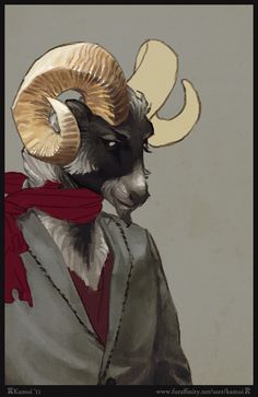 an illustration of a goat wearing a suit and red scarf with horns on it's head