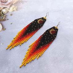 Moon beaded earrings, Crescent Moon and Stars seed bead earrings, Black extra long ombre earrings, Beadwork earrings Fringe Dangle. Size: Length, beadwork part - 12.5 cm (4.92'') Width - 3 сm (1.19'') Materials: Czech glass beads Stainless steel ear hooks Nylon Thread Silicone plugs  .. ready to be given away! Contact me if you have any questions. I will be happy to answer :) Please note that due to lighting effects, monitor's brightness, contrast and other settings, there might be some slight differences in the color tone/shade of the web site's photo and the actual item. SHOP POLICY 1. If the package is damaged or your post tries to deliver you an empty package, refuse to receive it or file a claim, otherwise it can't be proven. 2. International customers are responsible for any import f Beadwork Earrings, Ombre Earrings, Beaded Earrings Patterns, Moon And Stars, Earrings Black, Earring Patterns, Seed Bead Earrings, Ear Hook, Fringe Earrings