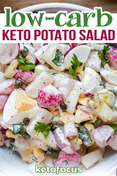 a close up of a plate of food with text overlay that reads low - carb keto potato salad