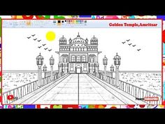 a drawing of a building with birds flying over it and the words golden temple, amrit