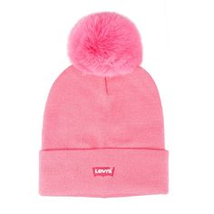 a pink hat with a pom - pom on top