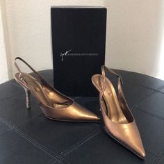 Here We Have A Bronze Leather Slingback Heel By Giuseppe Zanotti With A Fantastic Rhinestoned Finish! I Love Designer Gold Slingback Pumps For Evening, Elegant Embellished Slingback Pumps For Night Out, Luxury Fitted Slingback Pumps For Party, Designer Fitted Slingback Pumps For Party, Elegant Gold Slingback Pumps For Evening, Designer Champagne Heels For Evening, Zanotti Shoes, Giuseppe Zanotti Shoes, Slingback Heel