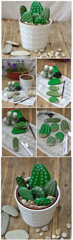 the process of making a cactus plant out of paper plates and rocks is shown here