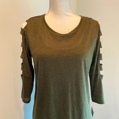 New Iz Byer Olive Green Shirt With Cut Out Sleeves. Size Medium With Tags Trendy 3/4 Sleeve Top For Day Out, Spring Green T-shirt With 3/4 Sleeve, Green Stretch Top With 3/4 Sleeves, Green Casual T-shirt With 3/4 Sleeve, Green Cotton Top With 3/4 Sleeve, Trendy Green Top With 3/4 Sleeves, Trendy Green 3/4 Sleeve Top, Trendy Cotton Top With 3/4 Sleeves, Green Crew Neck Top For Day Out